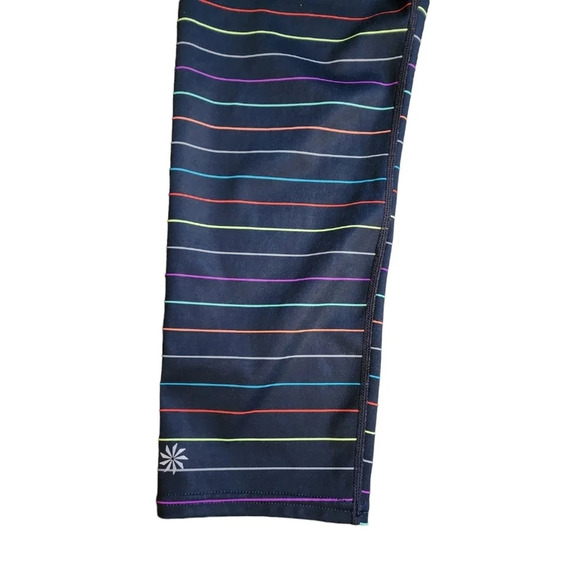 Athleta Multi Stripe Sonar Rainbow Navy Blue Capri Leggings Size Medium Yoga - Picture 2 of 9